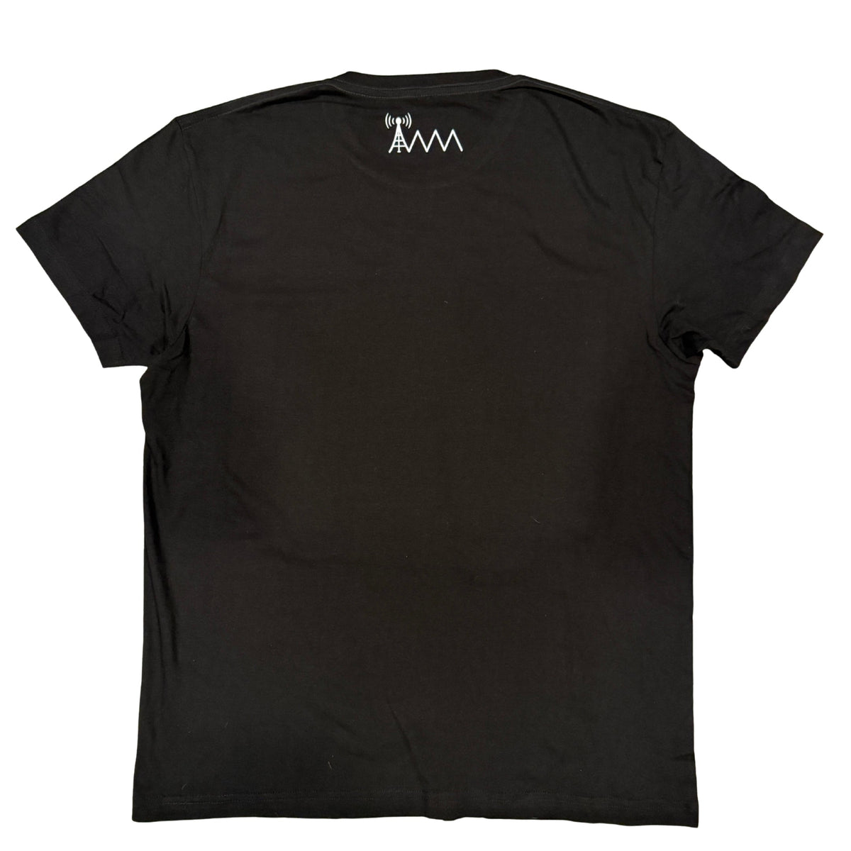 A black short-sleeve t-shirt shown from the back, featuring a small white graphic logo printed at the center neck, displayed against a solid white background.