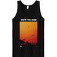 A black tank top with a graphic print on the front featuring an orange and red sunset scene with the text 'OUT TO WIN' above it, displayed on a solid white background.
