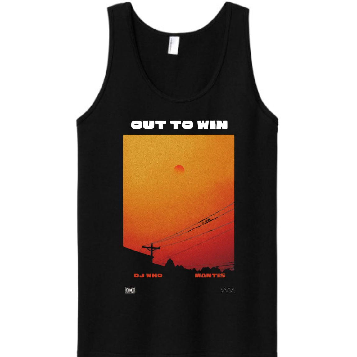 A black tank top with a graphic print on the front featuring an orange and red sunset scene with the text 'OUT TO WIN' above it, displayed on a solid white background.