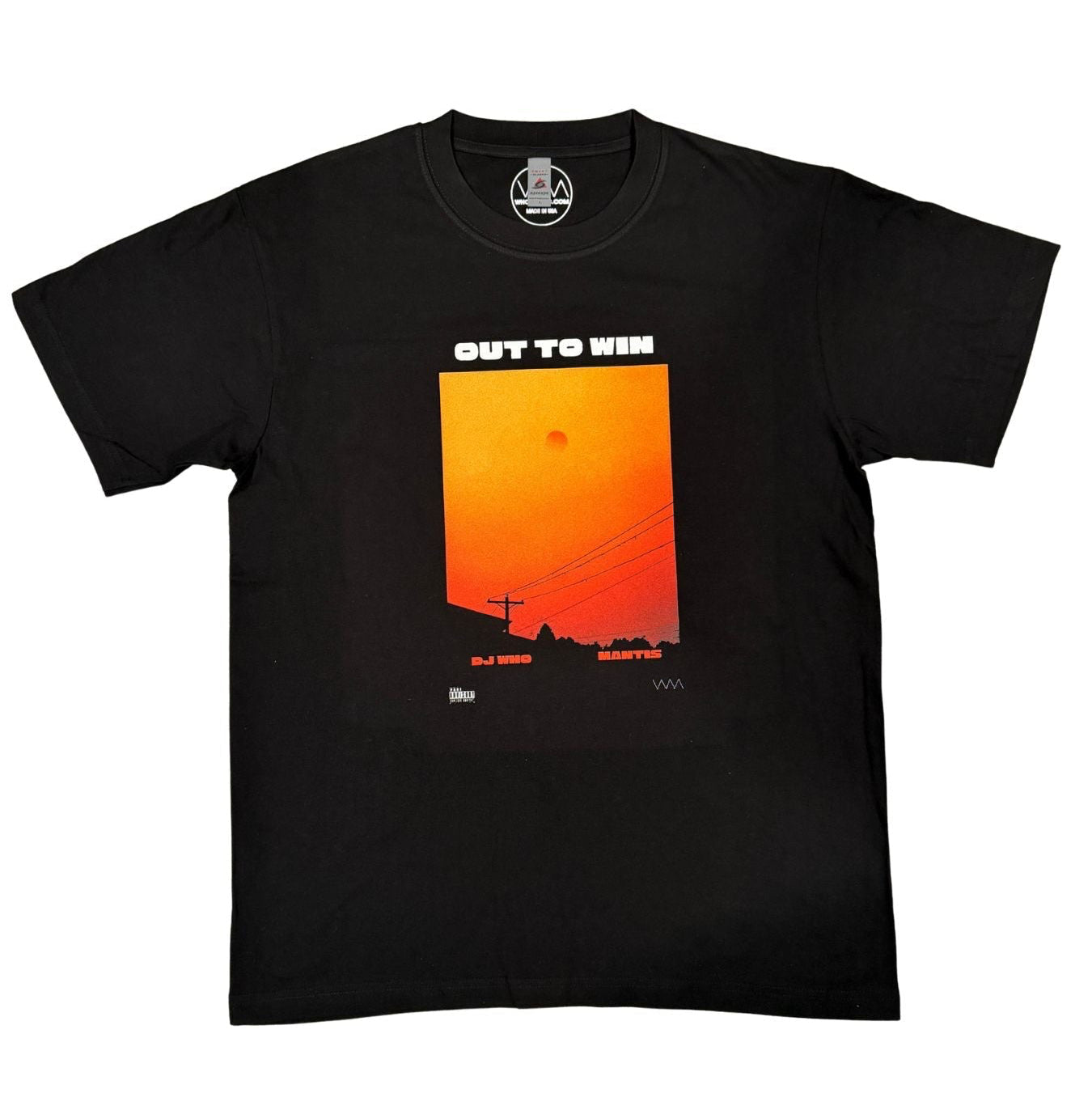 A black short-sleeve crewneck t-shirt featuring a graphic print of an orange sunset over a silhouetted landscape, with the text 'OUT TO WIN' in white above the graphic.