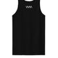 A black sleeveless tank top with a small white stylized logo printed on the chest, displayed against a solid white background.