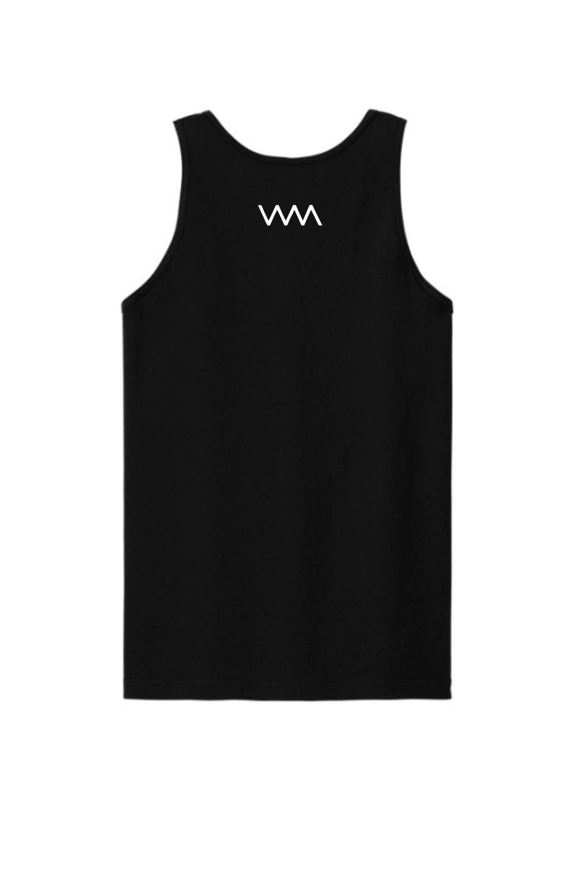 A black sleeveless tank top with a small white stylized logo printed on the chest, displayed against a solid white background.