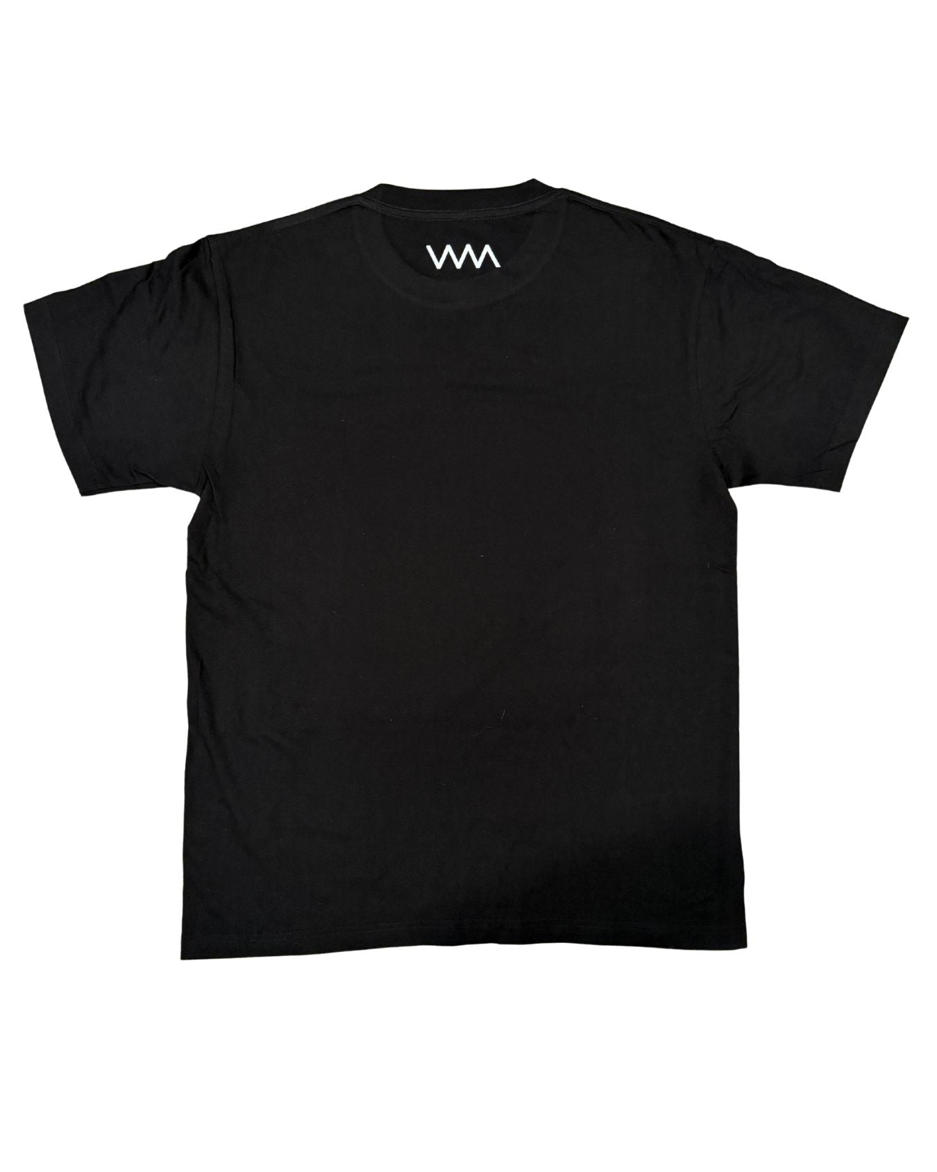 A black short-sleeve crewneck t-shirt with a small white stylized 'W' logo printed on the inside of the collar, displayed flat against a plain white background.