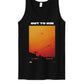 A black tank top with a graphic print on the front featuring an orange and red sunset scene with the text 'OUT TO WIN' above it, displayed on a solid white background.
