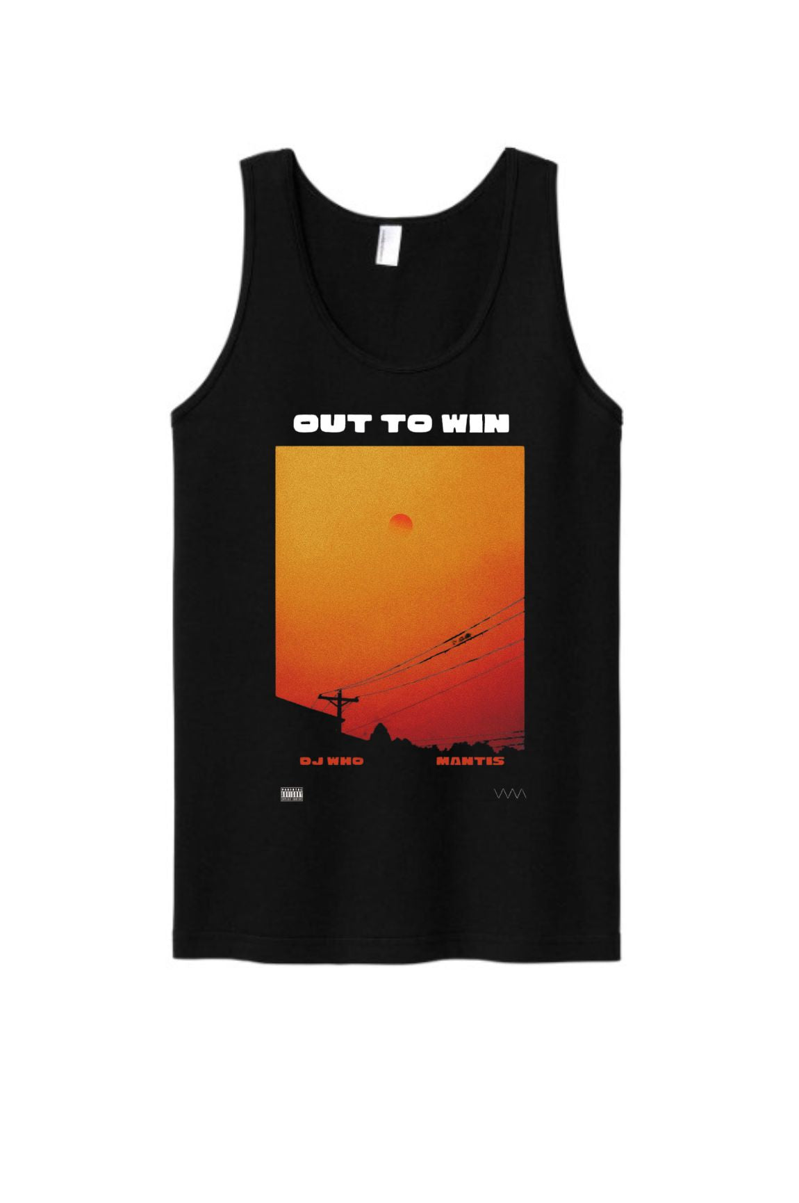 A black tank top with a graphic print on the front featuring an orange and red sunset scene with the text 'OUT TO WIN' above it, displayed on a solid white background.