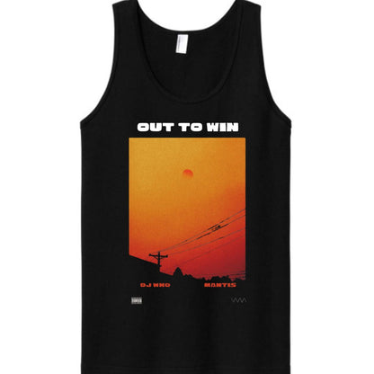 A black tank top with a graphic print on the front featuring an orange and red sunset scene with the text 'OUT TO WIN' above it, displayed on a solid white background.