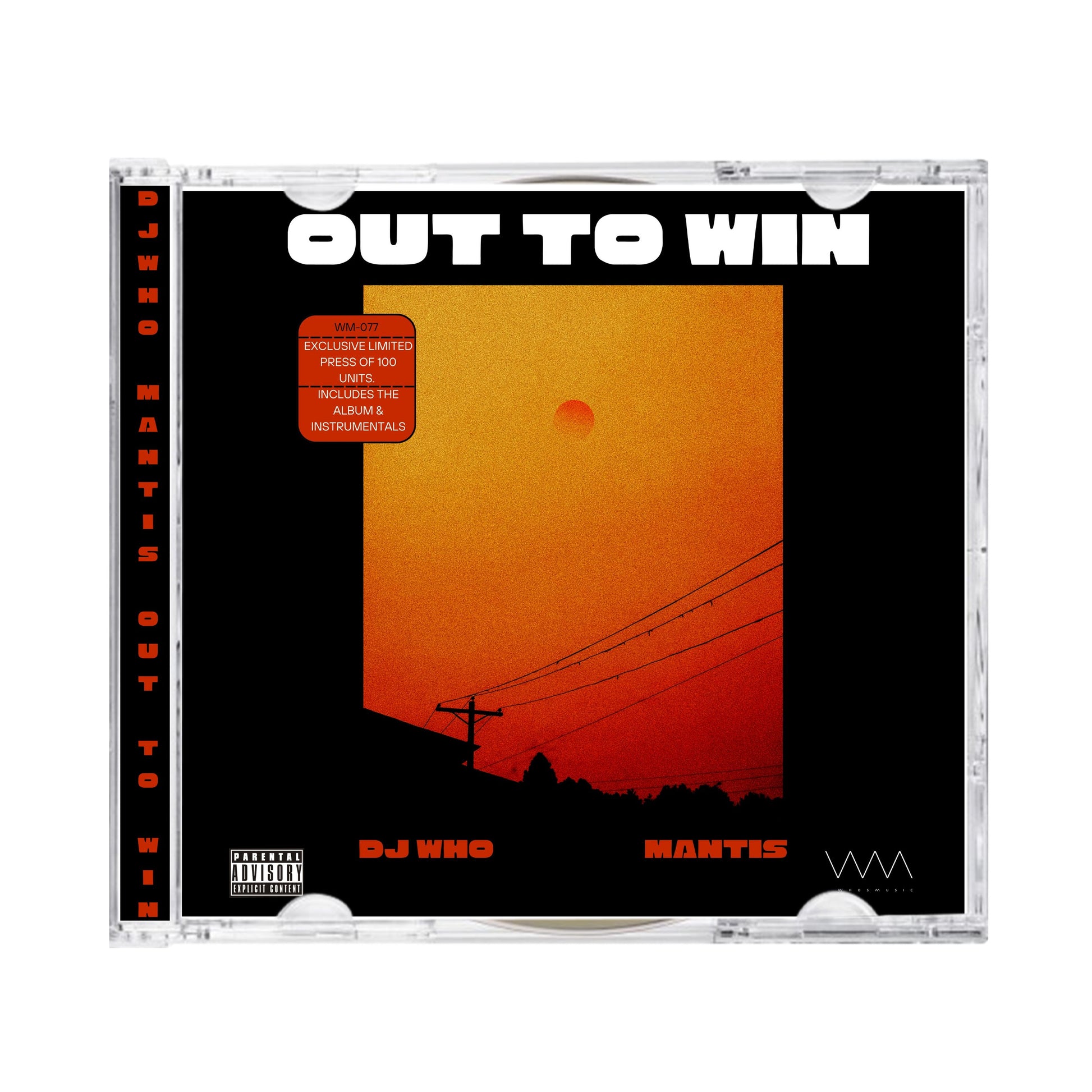 A CD album case for DJ Who's 'Out To Win' with a black cover featuring a large orange and red sunset graphic, white title text, and a Parental Advisory label.